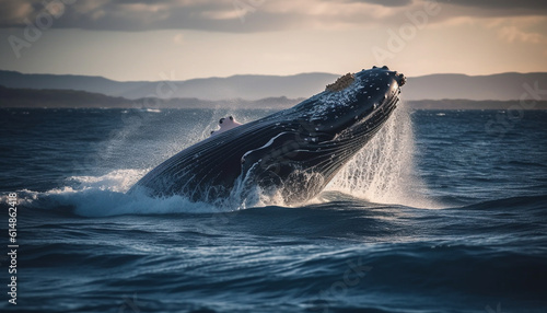 A majestic humpback breaches, splashing in the blue sea spray generated by AI © Stockgiu