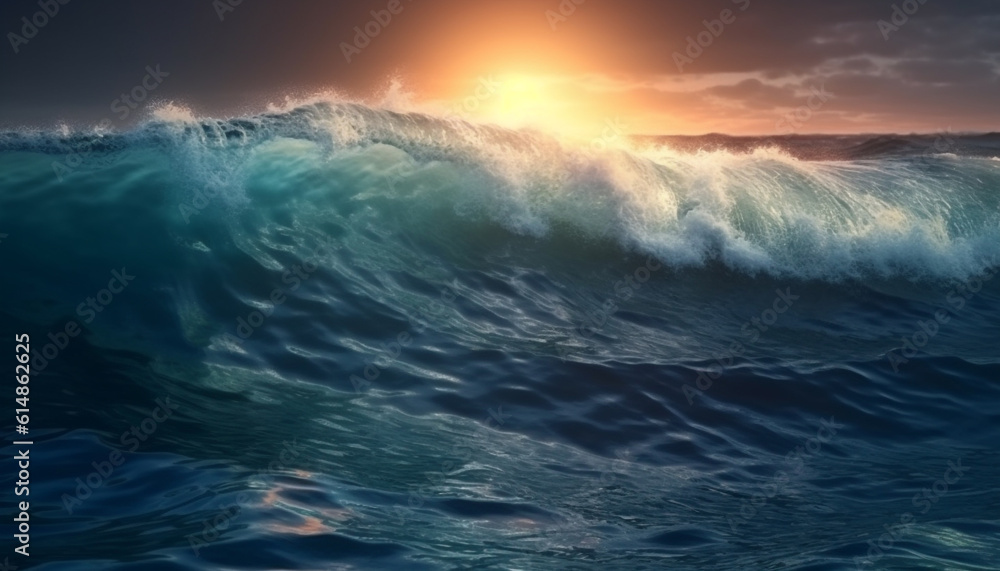 Fototapeta premium Breaking surf crashes majestically on idyllic tropical coastline at dusk generated by AI