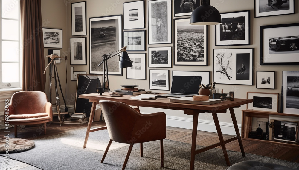 Modern office design with elegant desk, chair, and computer technology generated by AI Modern office design with elegant desk, chair, and computer technology generated by AI
