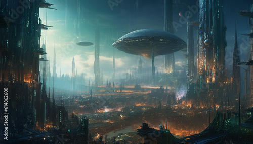 Futuristic spaceship illuminates dark cityscape, a bizarre modern fantasy generated by AI © Stockgiu