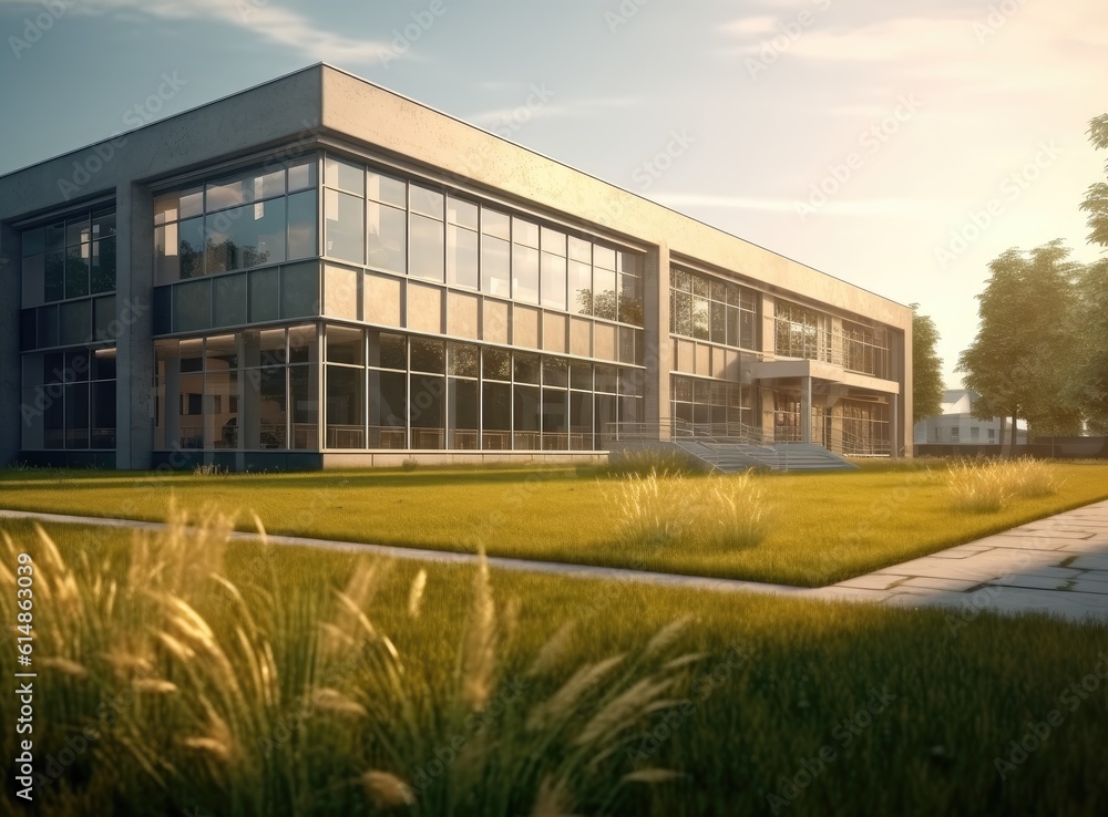 Public school building. Exterior view of school created with Generative AI technology Public school building. Exterior view of school created with Generative AI technology