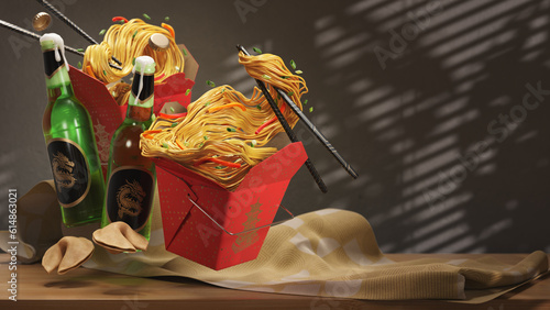 Two Takeout Containers of Chow Mein Noodles with Beer on Left - 3d Render (ID: 614863021)