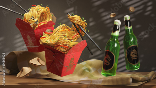 Two Takeout Containers of Chow Mein Noodles on Left with Beer on Right - 3d Render (ID: 614863024)