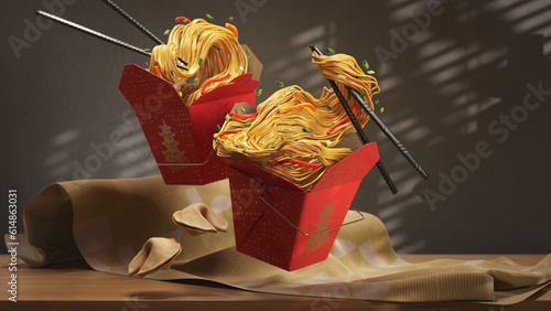 Two Takeout Containers of Chow Mein Noodles Floating - 3d Render (ID: 614863031)