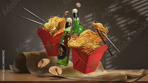 Two Takeout Containers of Chow Mein Noodles with Beer Fizzing Over - 3d Render (ID: 614863042)