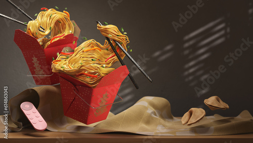 Two Takeout Containers of Chow Mein Noodles with Remote Controller - 3d Render (ID: 614863043)