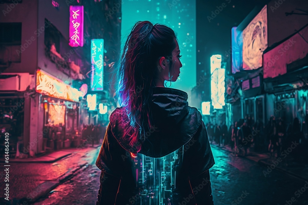 Beautiful young cyberpunk woman on neon city street. Created with Generative AI technology