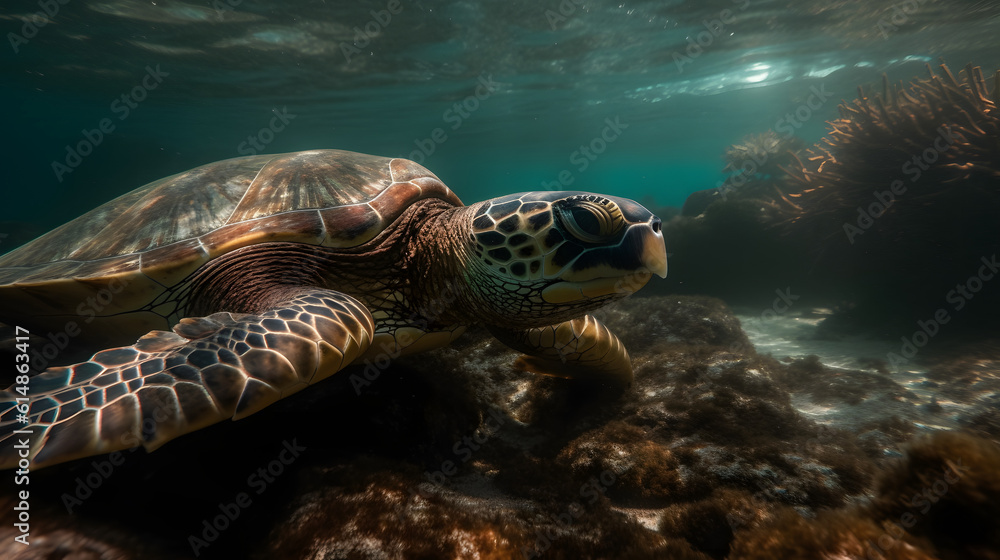 Fototapeta premium Sea turtle in the sea. Generative AI