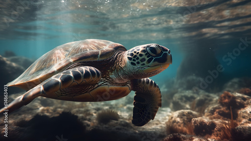 Sea turtle in the sea. Generative AI © PIRMYN