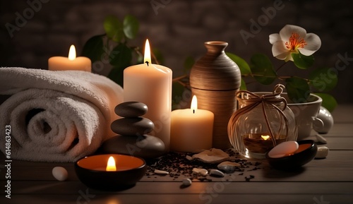 Beauty treatment with candles and items for spa procedures. Created with generative Ai technology