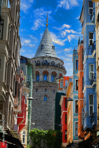 Colorful buildings and galata tower in the old narrow streets of Beyoğlu
