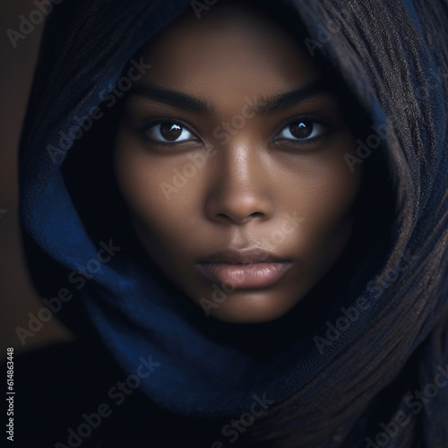 Illustration, Generative AI, beautiful African American woman, close-up portrait.