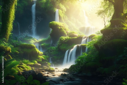 Beautiful waterfall in green jungle oasis ai generative background