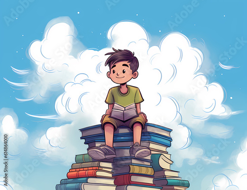 stack of books against sky with ladder or kid preschooler boy child on top.knowledges concept,back to school cartoon or realistic style generative ai
