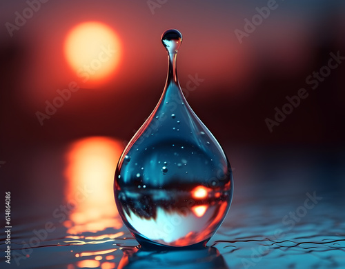 macro of water drops with globe map inside isolated or against ocean sea deep,sunset, generative