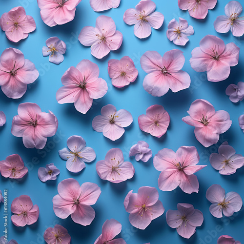Pastel spring tender background  fresh pink field flowers  petals and leaves flat lay against blue background