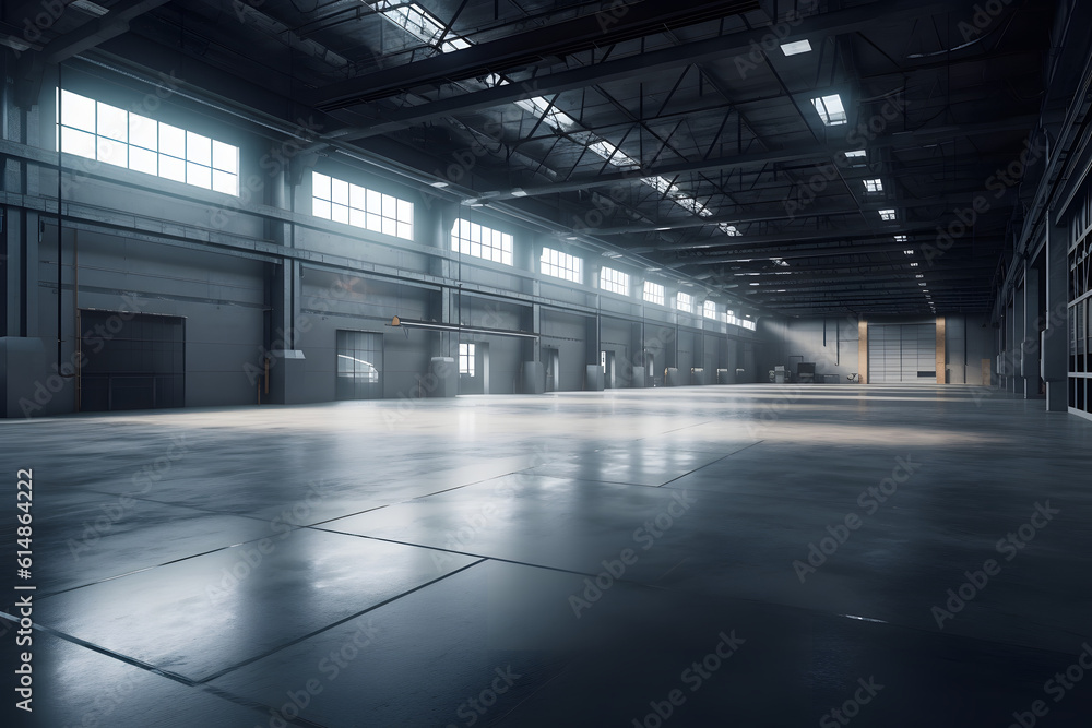 Modern empty warehouse. Generative AI