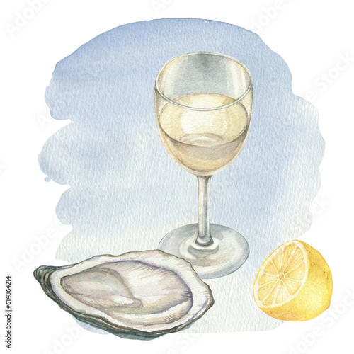 Glass of white wine, oyster and lemon watercolor illustration. Hand drawn composition. Restaraunt menu, invitation card.