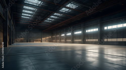 Modern empty warehouse. Generative AI