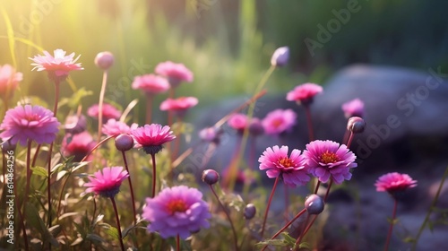 Pink wildflowers at sunrise