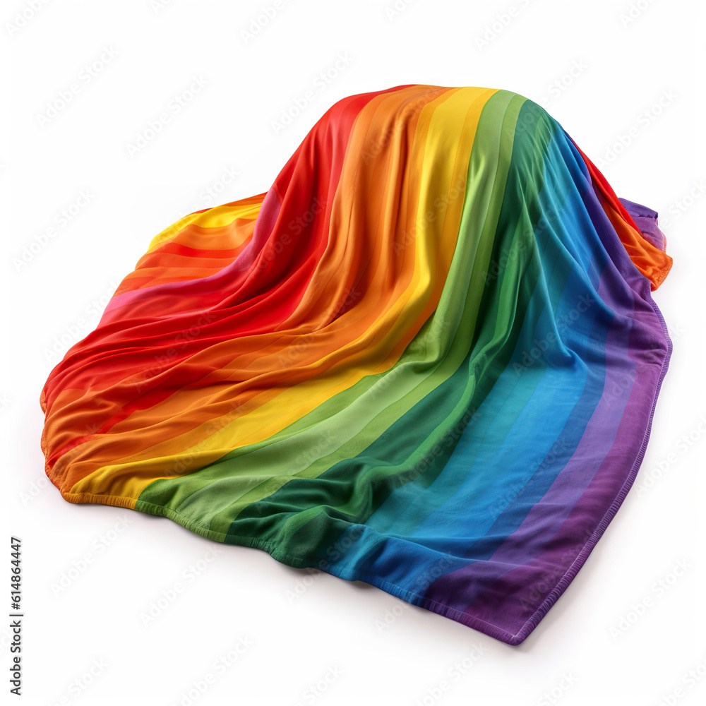 Ultra realistic rainbow blanket. LGBT rainbow blanket isolated on white. Colorful textile background vivid wave fabric textured pattern abstract. Realistic 3D illustration. Generative AI
