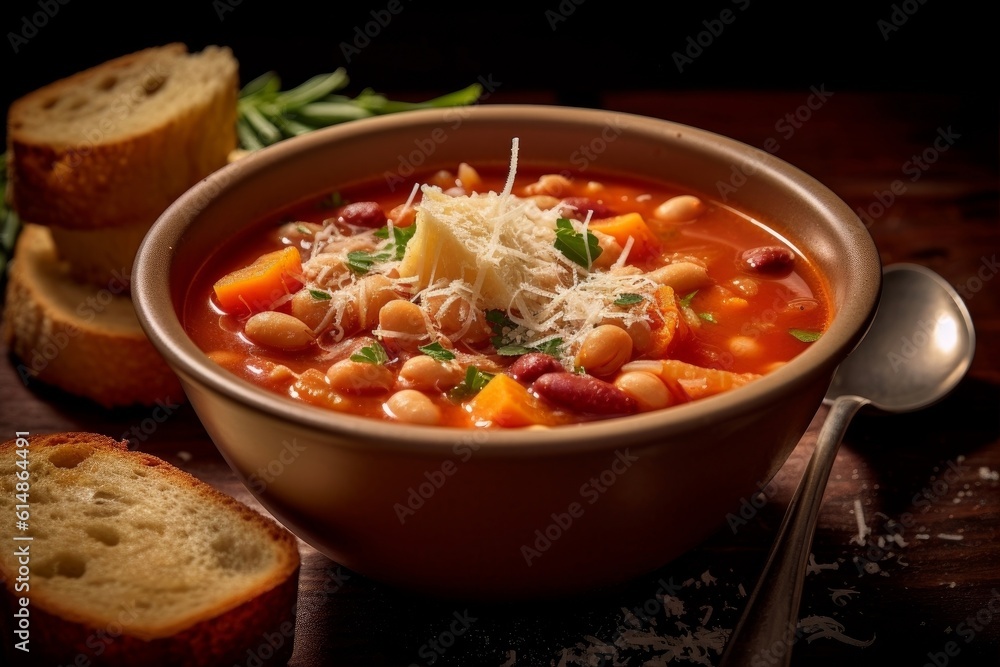 Pasta e Fagioli accompanied by slices of crusty Italian bread, served on a wooden table