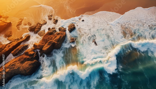 Waves and Foamy Sea Coastal Aerial  Top View Drone Shot