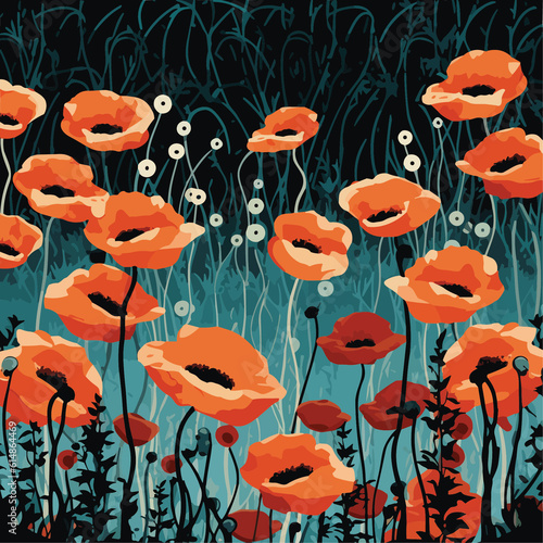 Print: horizontal background with red poppies on a black background.Generative AI illustration. photo