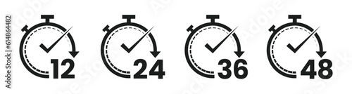 12, 24, 36 and 48 hours clock icon. 24 hours icon vector. Security Protection 24 hours. Flat Vector illustration.