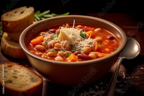 Pasta e Fagioli accompanied by slices of crusty Italian bread, served on a wooden table