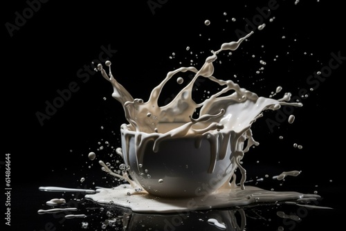 Realistic milk spill on black background. Generative AI