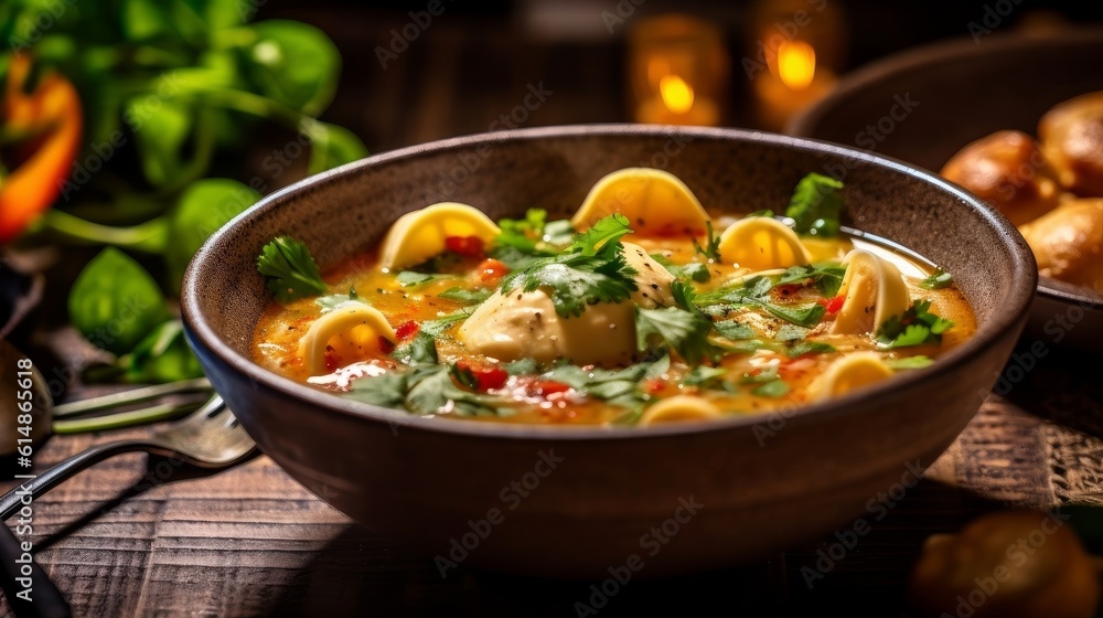 Tortellini in Brodo featuring rich colors and textures, garnished with fresh parsley and served in a rustic bowl