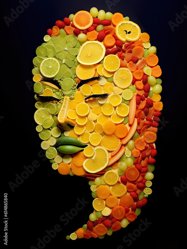 Creative face made of various fruits and vegetables on a black background. Vegetarian concept photo