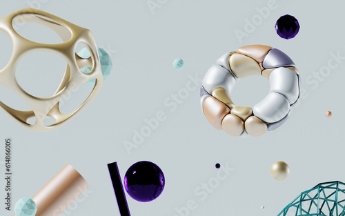 Concept color 3d geometric composition, 3d illustration. Geometry shapes design elements flying scattered.