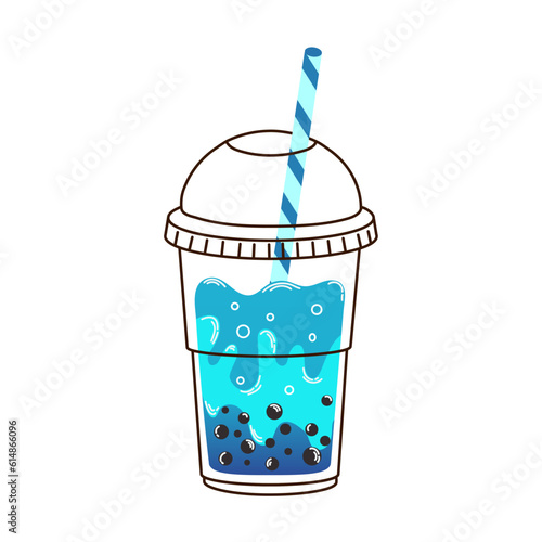 Cup of blue bubble tea with lid, stick and tapioca in flat style isolated on white background. For print, design, poster