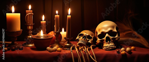 Gothic table setting for Halloween. Candles and skulls on a red tablecloth. Generative Ai.
