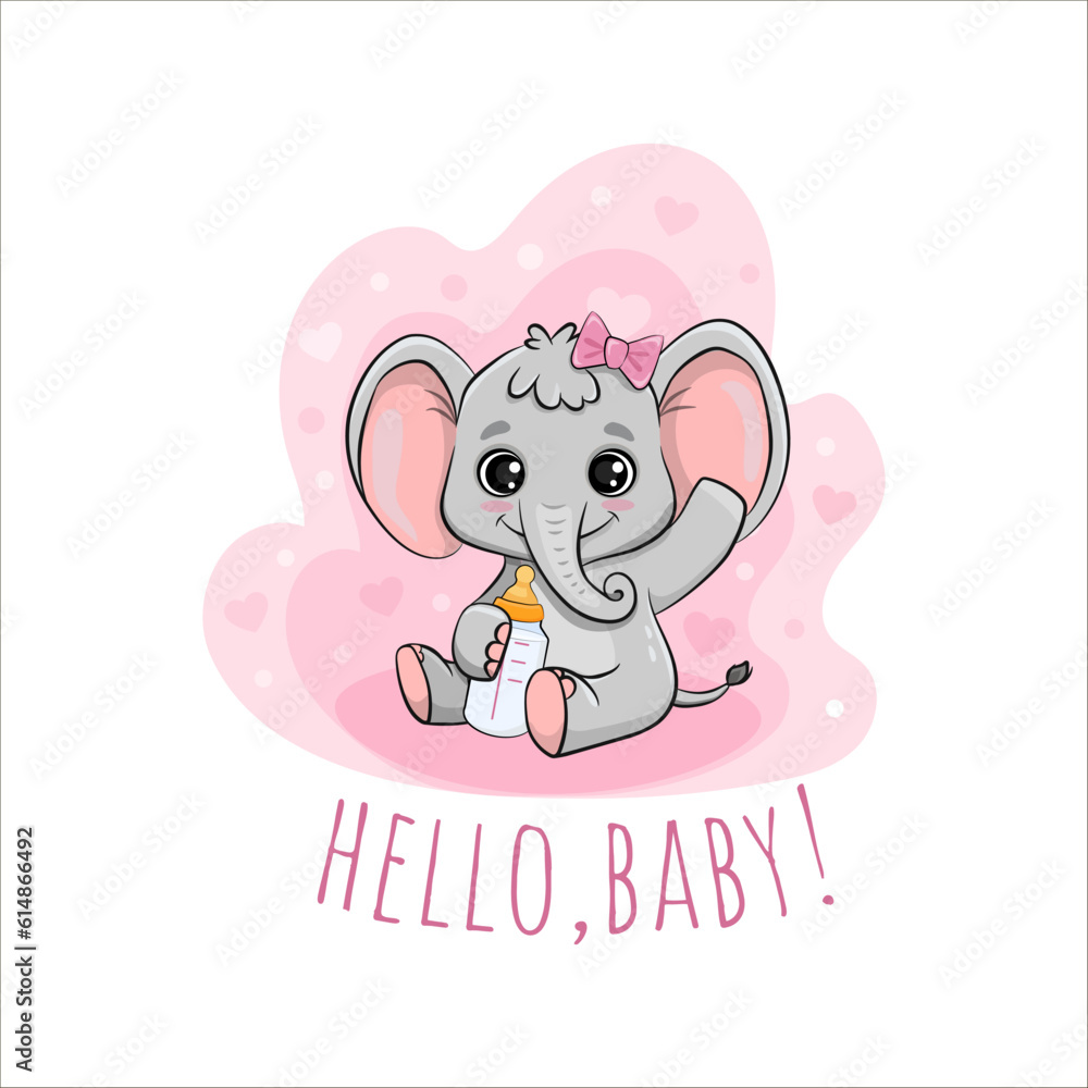 Obraz premium Cute little elephant, cartoon animal character. Poster for baby room, baby shower, greeting card, kids and baby t-shirts and wear. Nursery illustration. Vector