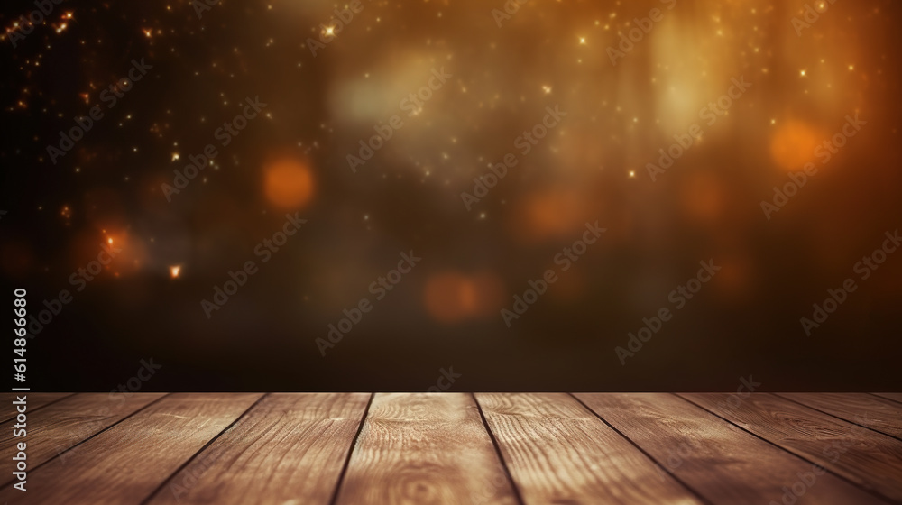 Beautiful empty brown wooden table top and blurred autumn forest background. Product montage display with orange bokeh. Generative Ai.