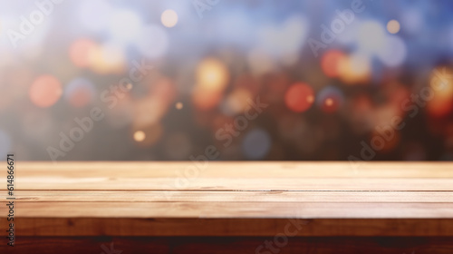Empty wooden table top with blurred bokeh background. Generative Ai.