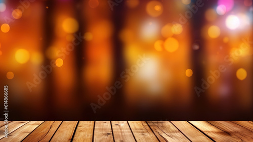 Beautiful empty brown wooden table top and blurred orange autumn forest background. Product montage display. Generative Ai.