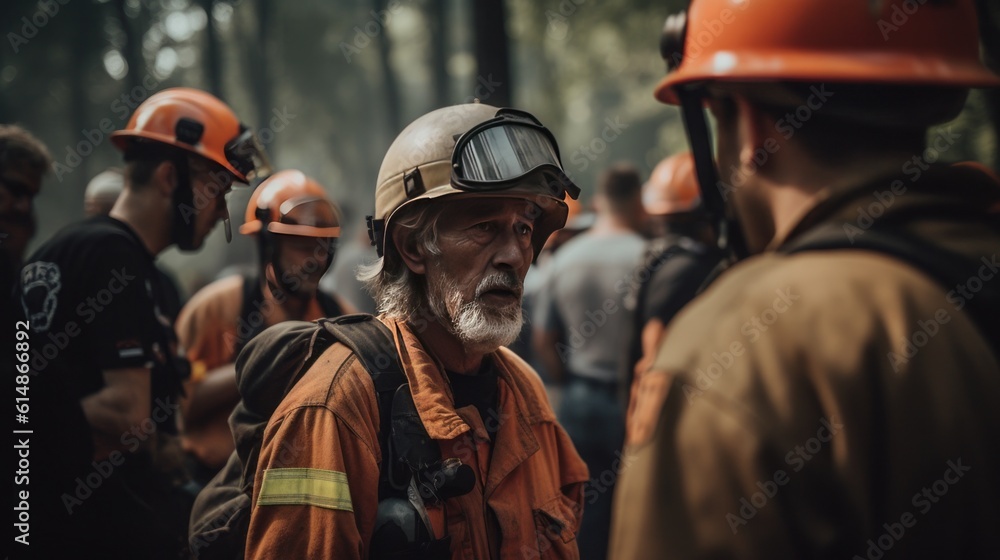 Firefighters discussing the strategy of putting out the forest fire Firefighters discussing the strategy of putting out the forest fire
