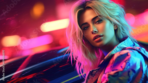 Girl on the background of racing neon cars. AI generation
