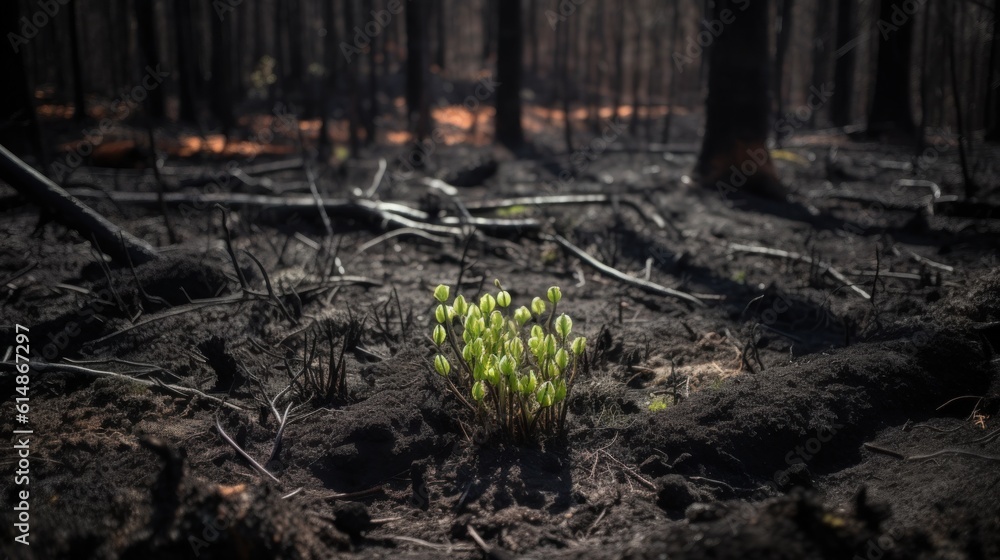 Fototapeta premium Grass starting to grow up on the burned black ground
