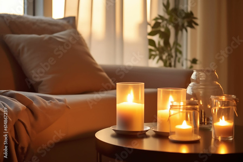 Cozy candlelight interior, soft and neutral, Generative AI
