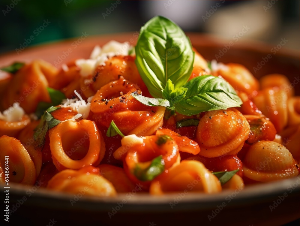 Orecchiette pasta with a fresh tomato sauce and basil leaves Orecchiette pasta with a fresh tomato sauce and basil leaves