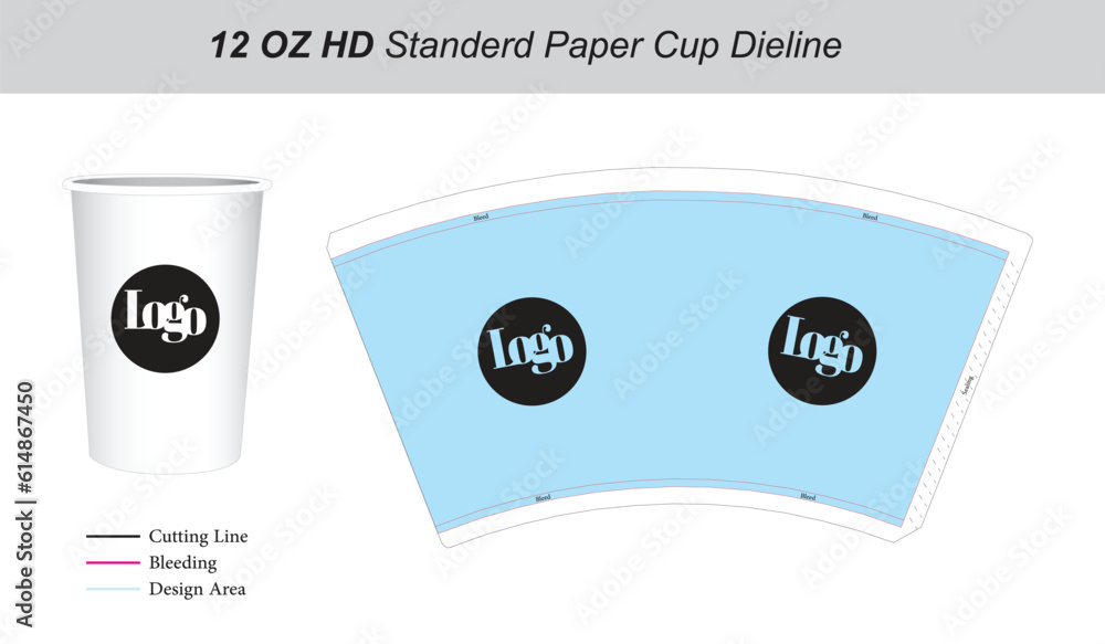 12oz Paper cup die cut template keyline sleeve