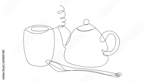 Japanese tea drinking set, teapot, cup, spoon, drawing in one line style on a white background. Vector illustration