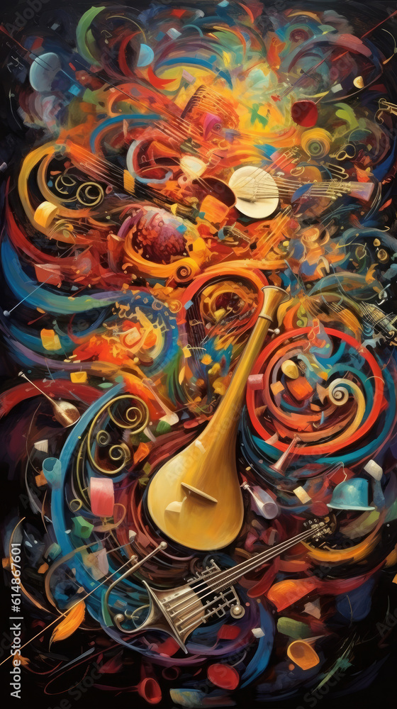 Naklejka premium In a captivating photograph, a whirlwind of musical notes and instruments takes center stage, celebrating International Music Day and Universal Music Day.