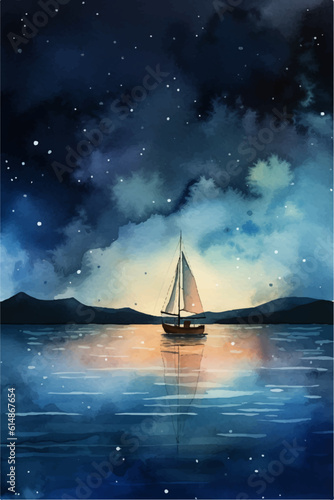 Yacht sailing in the moonlight. Colourful watercolour vector illustration.