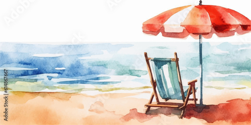 Seaside view with beach hair and parasol. Colourful watercolour vector illustration.